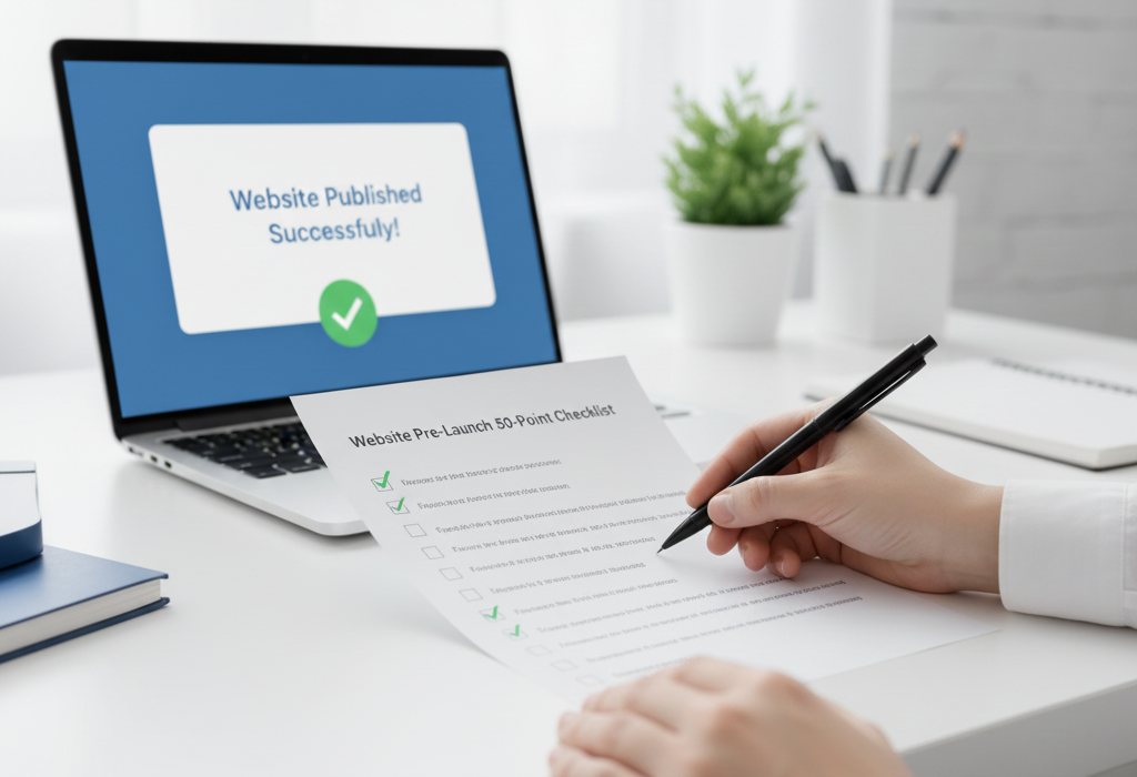 「サイト公開前の最終チェックリストを確認しているビジネスパーソン」