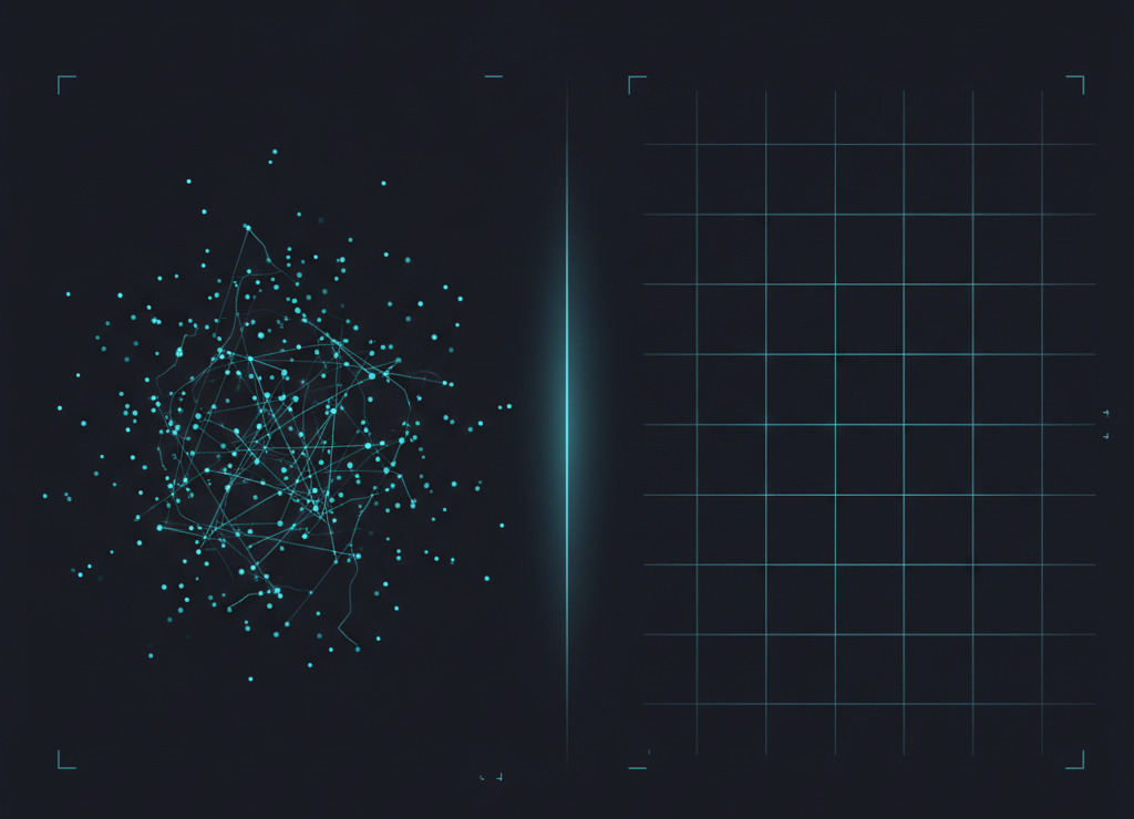 属人化によるばらつき（左の乱れ）と、台本テンプレによる標準化（右の整列）を対比した抽象図
