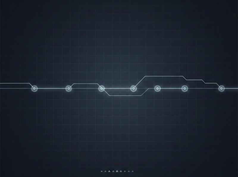 短尺動画制作の工程（台本・絵コンテ・生成・字幕・配信）を抽象的なノードとラインで表したデジタルイメージ