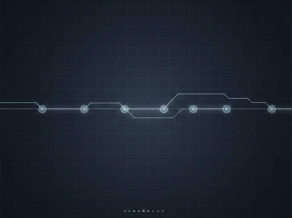 短尺動画制作の工程（台本・絵コンテ・生成・字幕・配信）を抽象的なノードとラインで表したデジタルイメージ