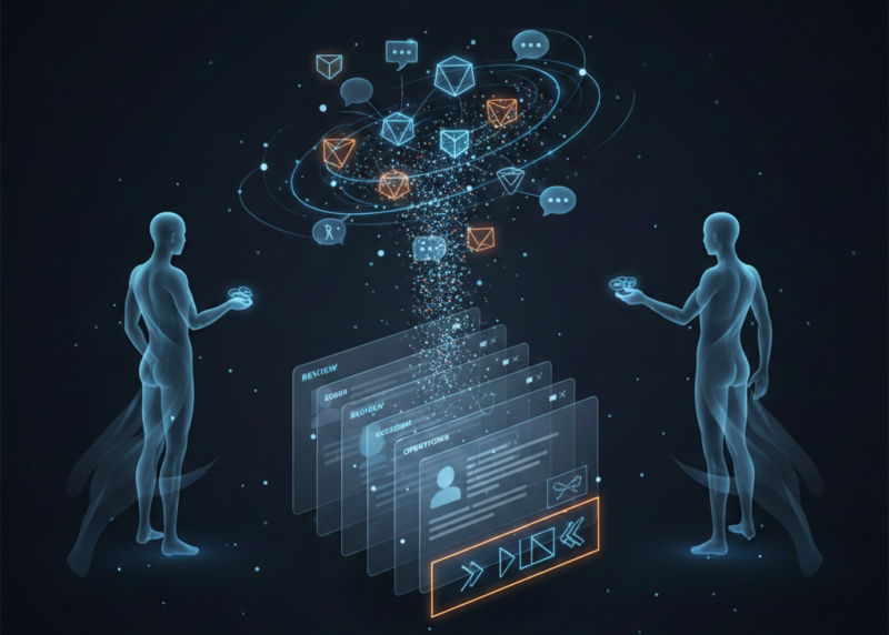 飲食店の口コミをAIで整理し、改善アクションへつなげる運用フローを表現したイメージ