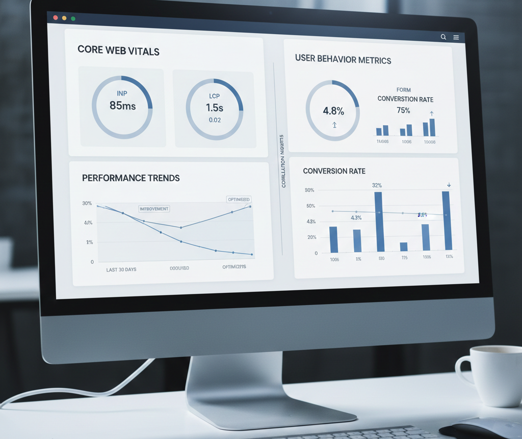 サイト速度の計測値とCVRや離脱率などの行動指標を並べて関係性を整理している分析画面のイメージ