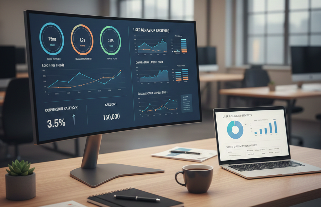 サイト速度指標（INP・LCP・CLS）とCVRを並べて確認し、KPIとして判断している計測ダッシュボードのイメージ