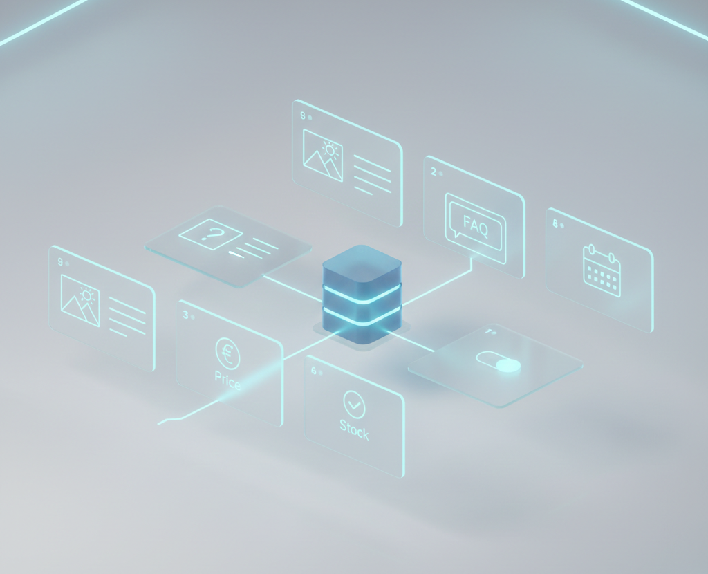 写真・説明・FAQ・在庫などの要素が独立したデータとして管理されている構造イメージ