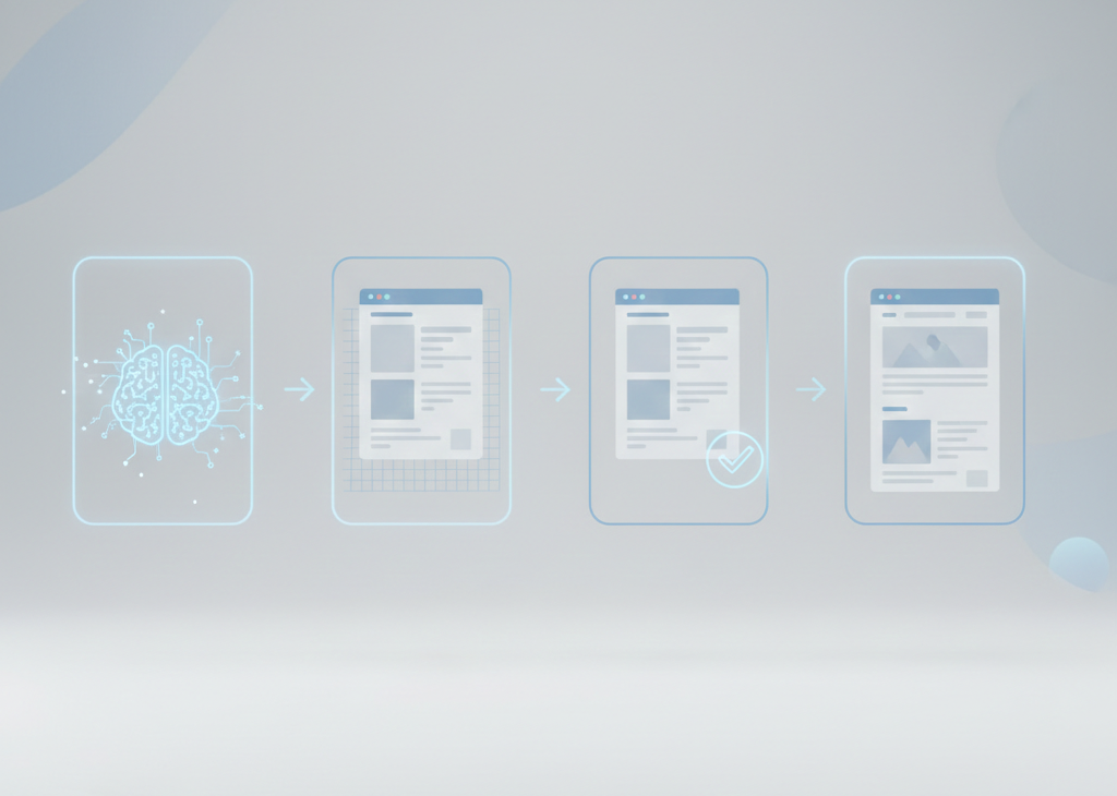 AI生成から人の承認を経て公開される半自動ワークフローのイメージ