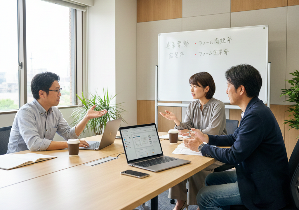 採用サイトの応募率改善に向けて構成と計測データを確認している会議風景
