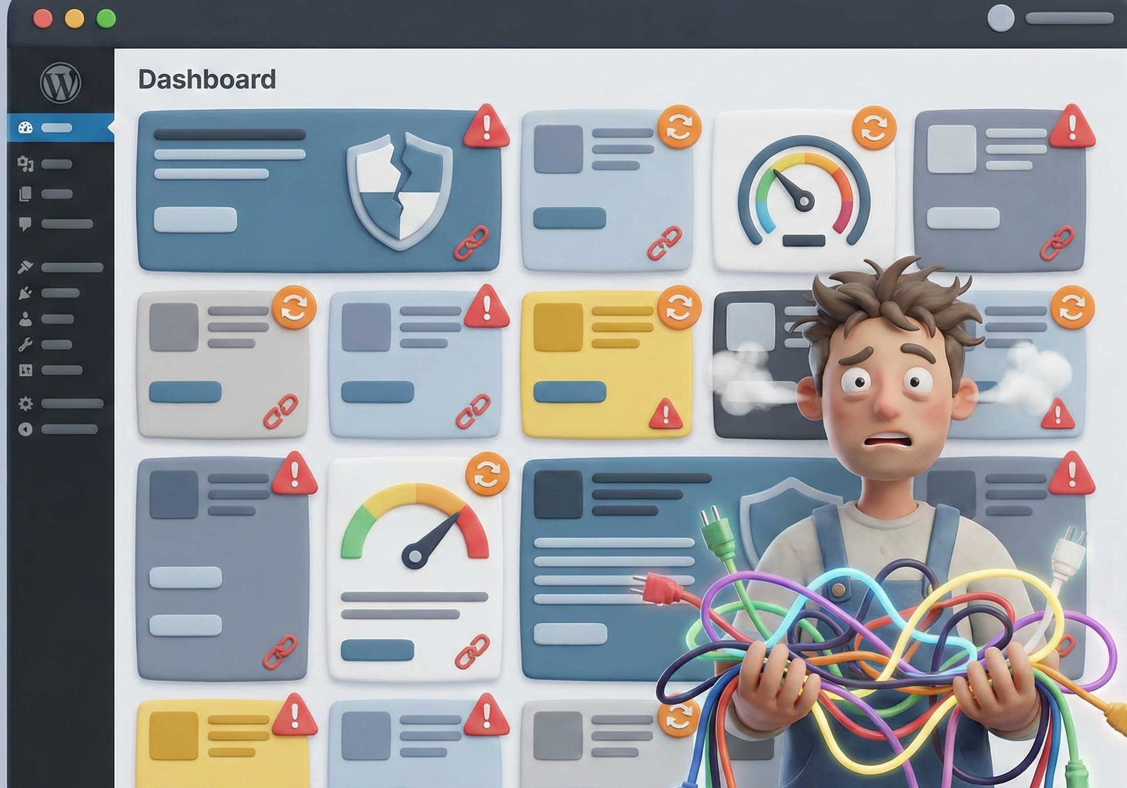 プラグインを増やし過ぎて管理が破綻するイメージ(WordPress運用の失敗)