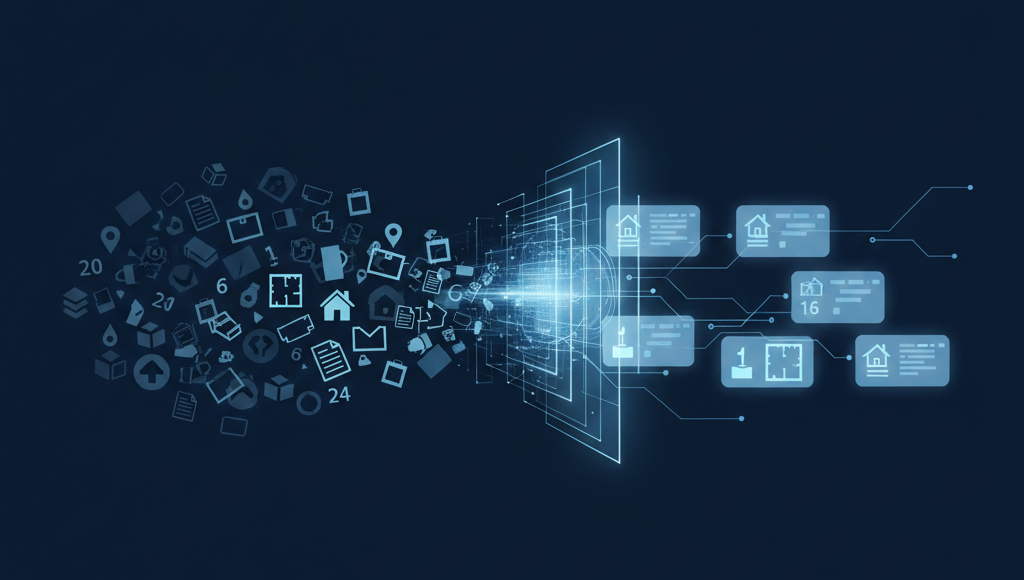 ばらばらな物件データが正規化され整列するイメージ