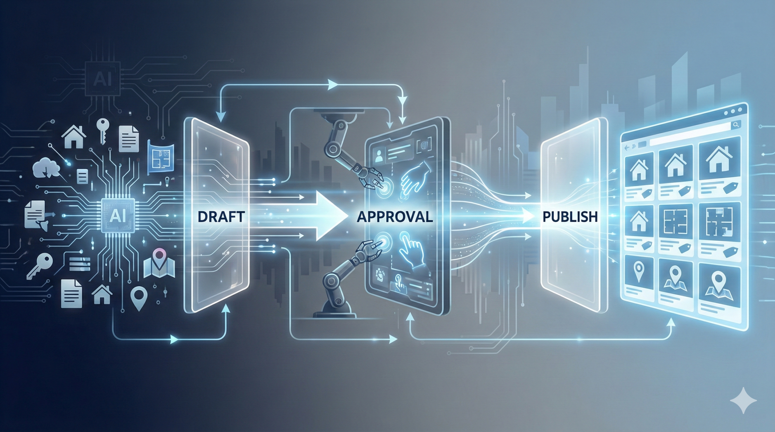 物件情報が下書きから承認を経て公開される半自動フローのイメージ