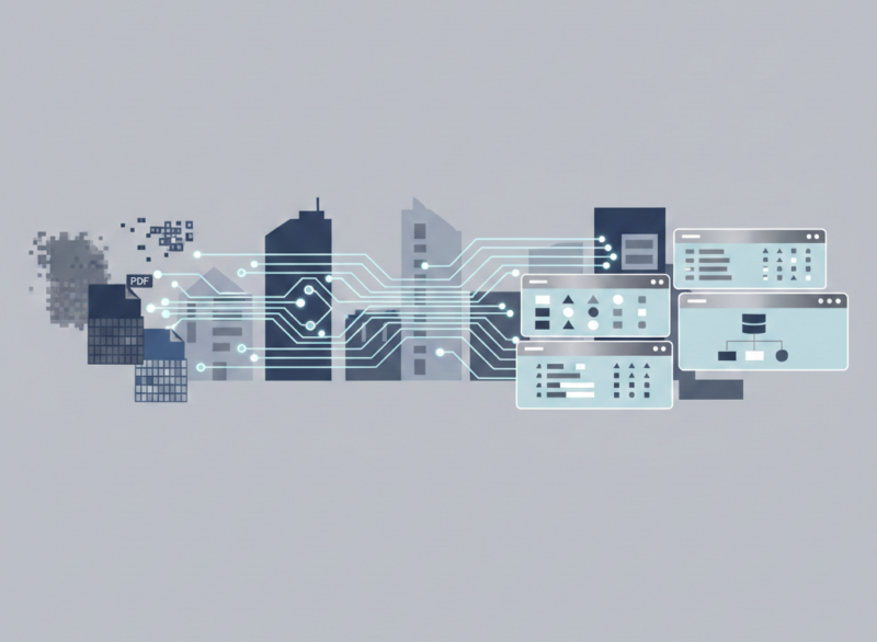 PDFやCSVの物件情報がデジタルフローを通じて構造化データに整理されるイメージ