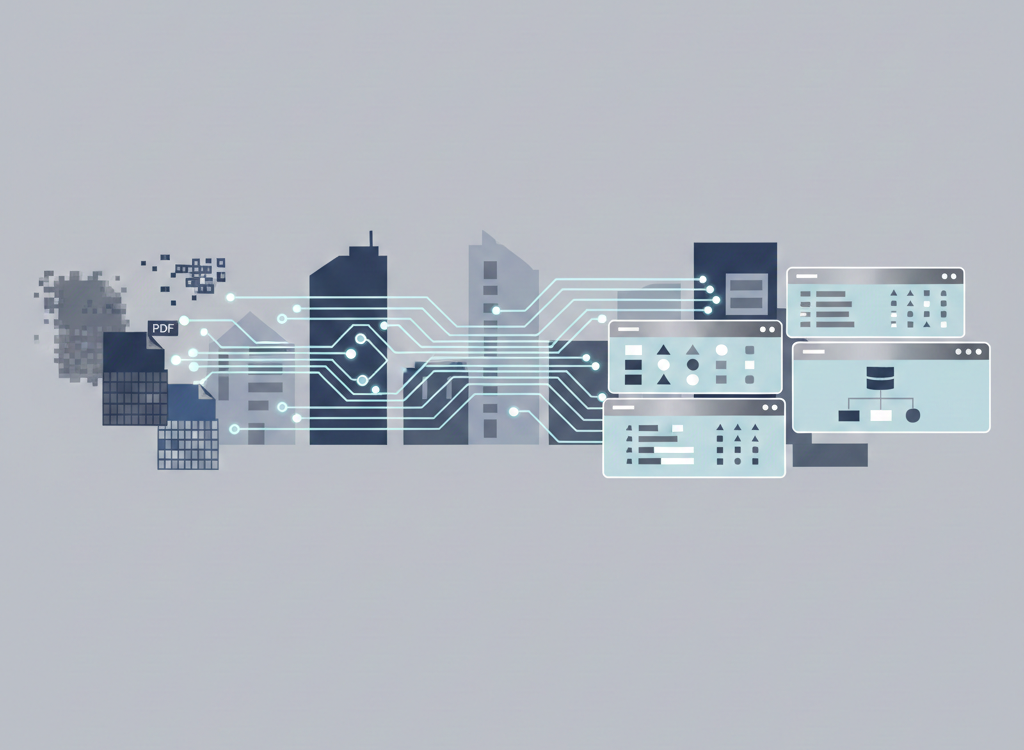 PDFやCSVの物件情報がデジタルフローを通じて構造化データに整理されるイメージ