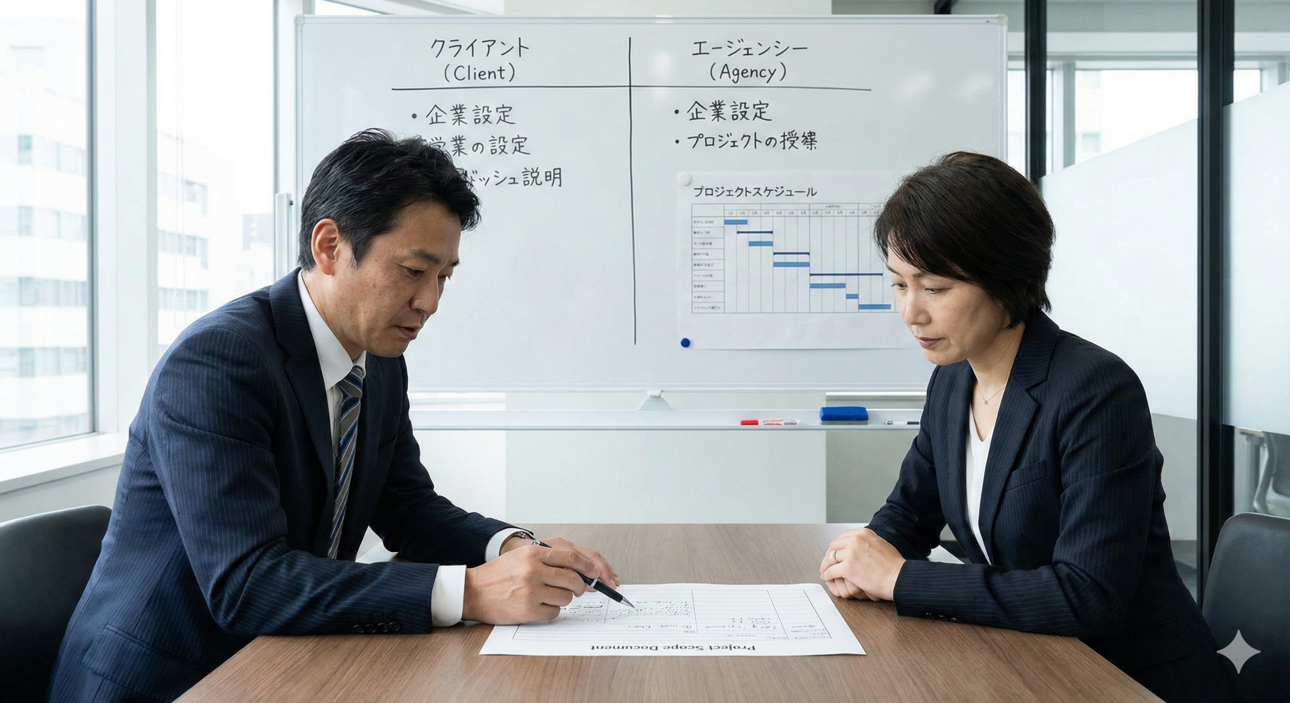 制作会社と発注企業が責任分界を確認している打ち合わせの様子