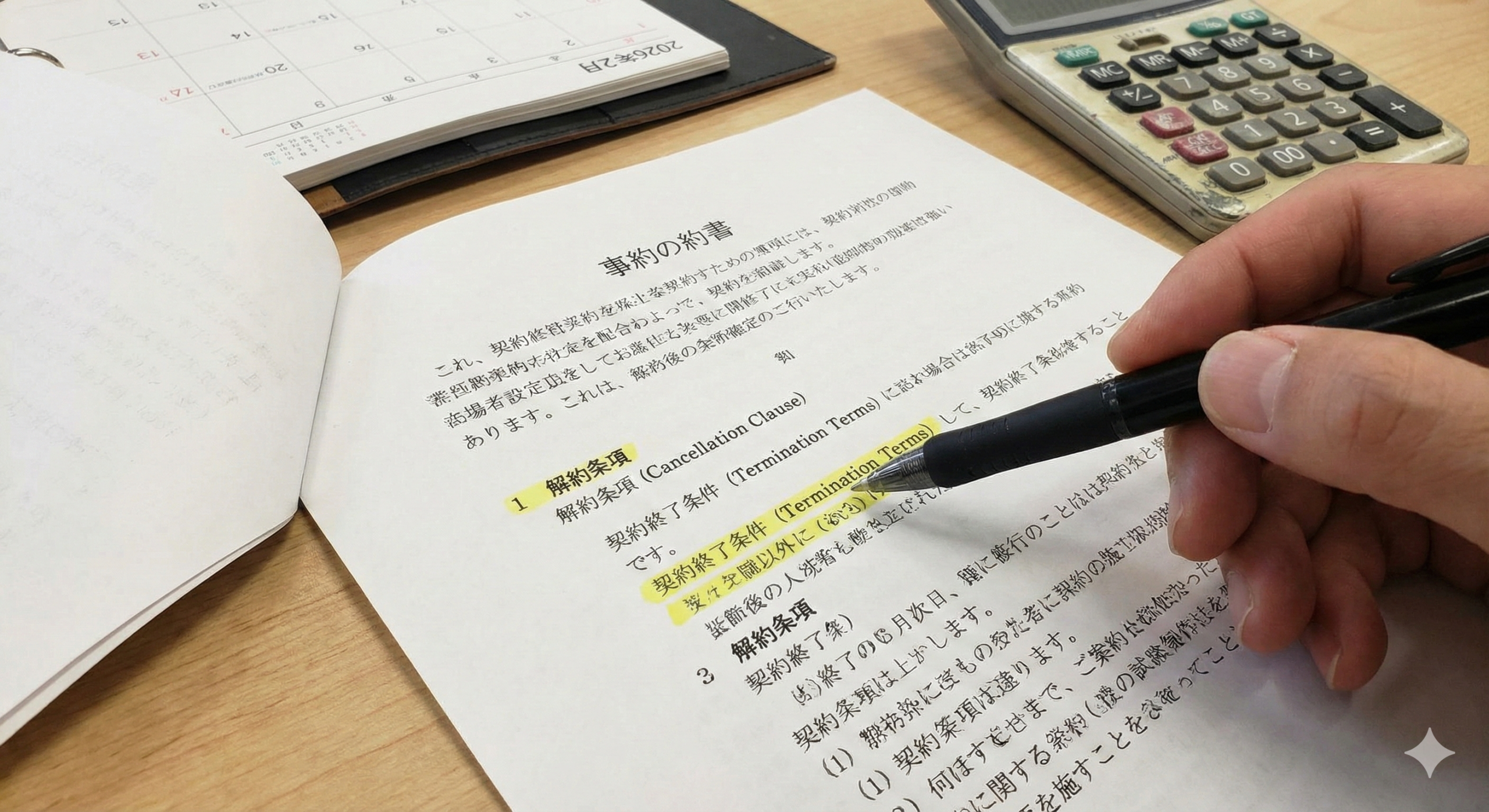契約書の解約条項と違約金に関する記載を確認しているビジネス担当者