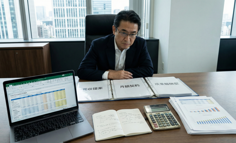 買い切り・月額・成果報酬の契約書と費用試算資料を比較検討している企業担当者の様子