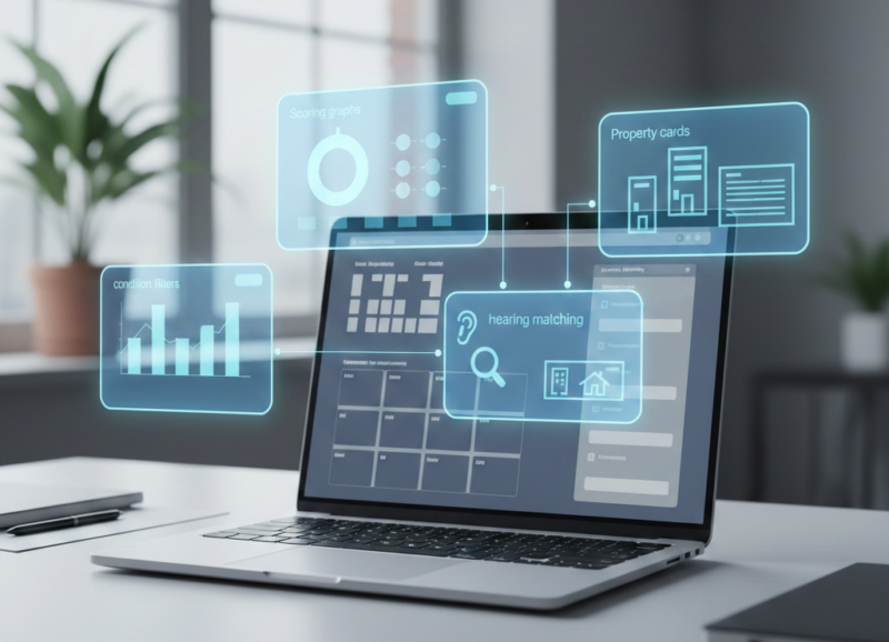 来店前ヒアリング条件と物件マッチングを可視化したAI自動化イメージ