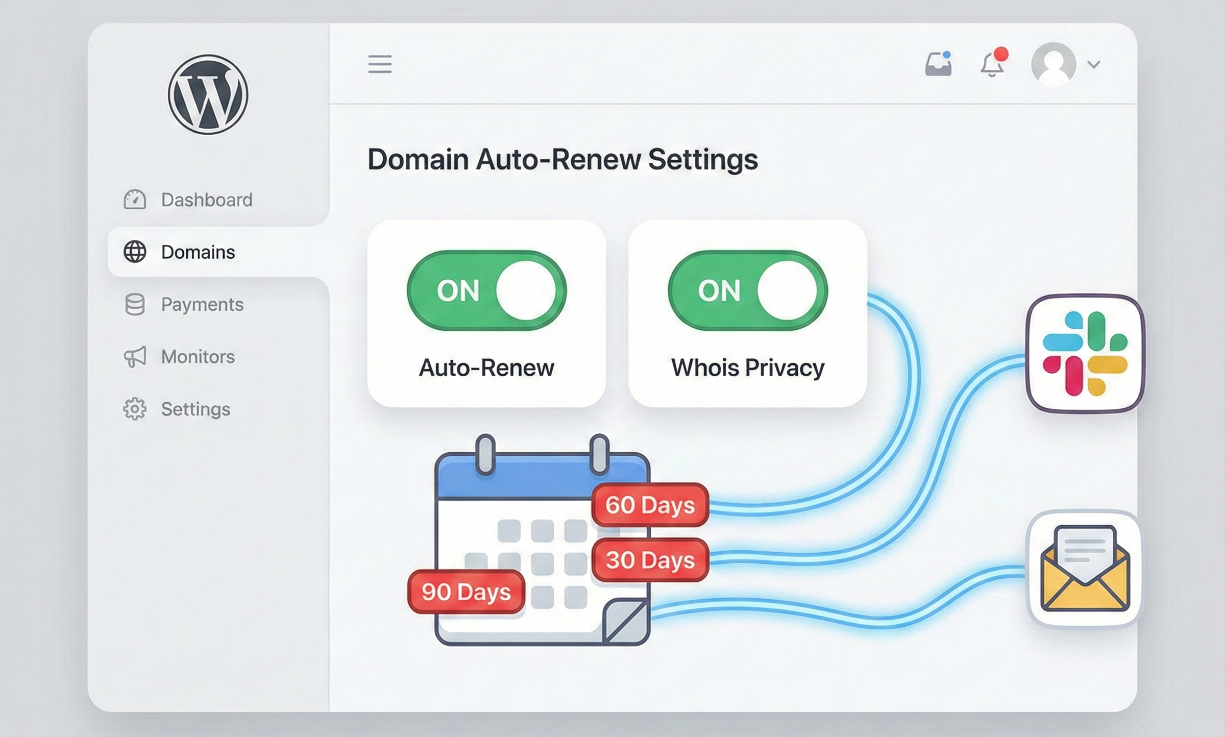 WordPressドメイン管理プラグインで自動更新と通知設定を行う画面
