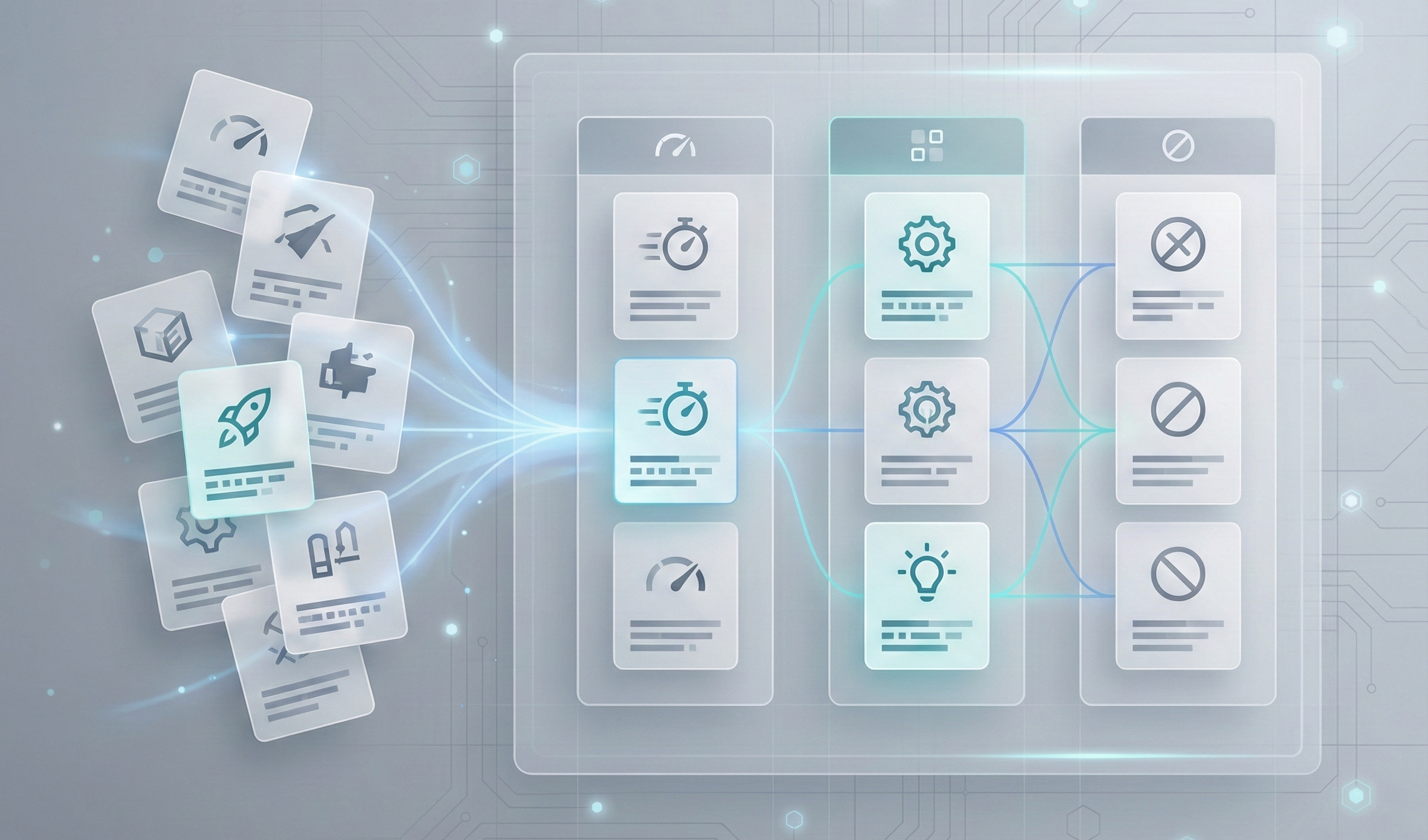 機能・性能・制約条件が整理され、構造化されていく様子を示す抽象的なデジタルイメージ