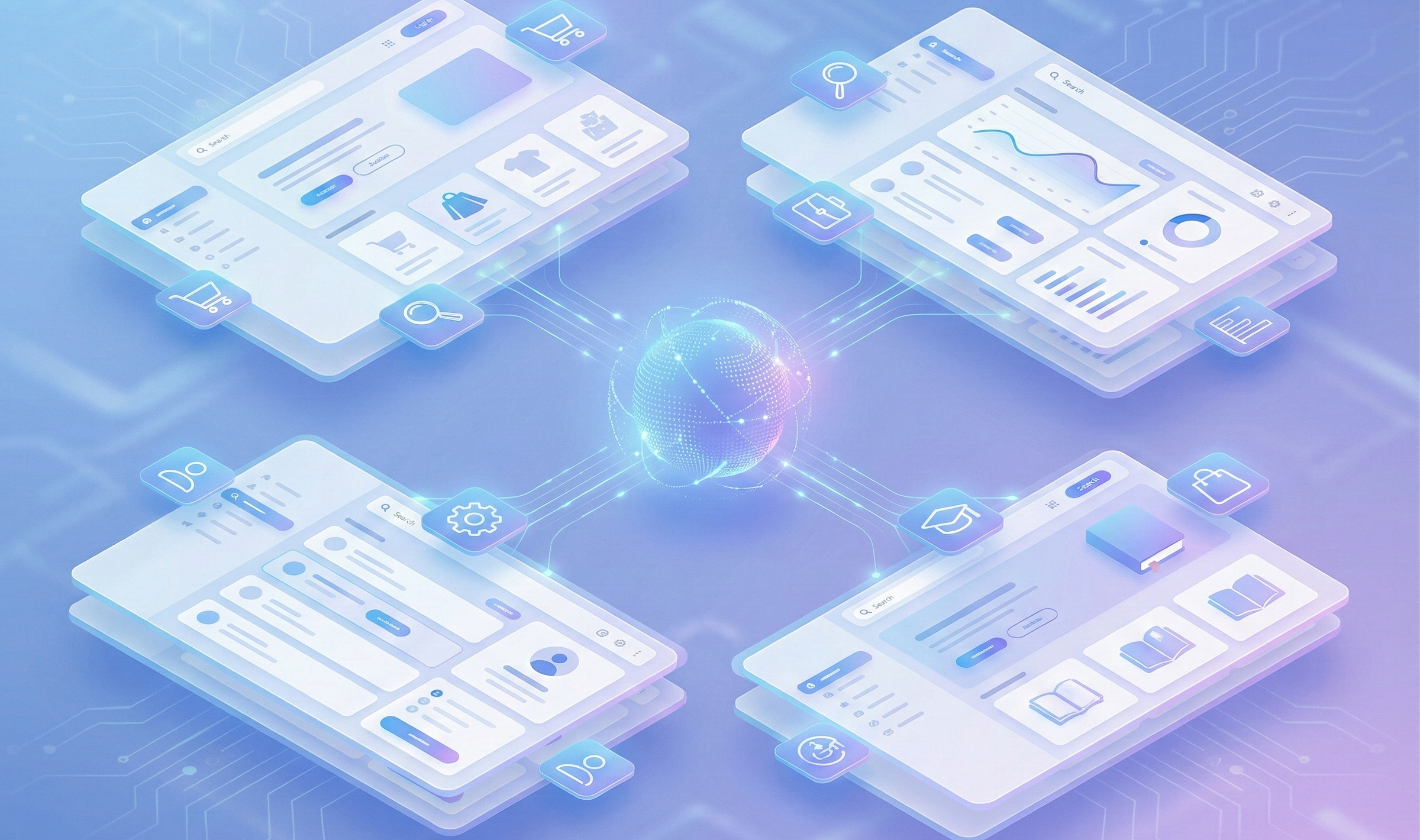 製品情報が用途別ページとして再構成される様子を示したデジタルイメージ