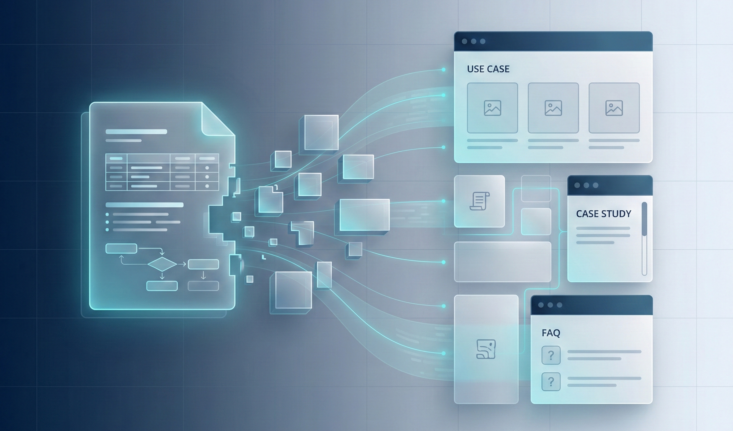 仕様書のデータが分解され、用途別ページやFAQ構造へ再構成される様子を表現したデジタルイメージ