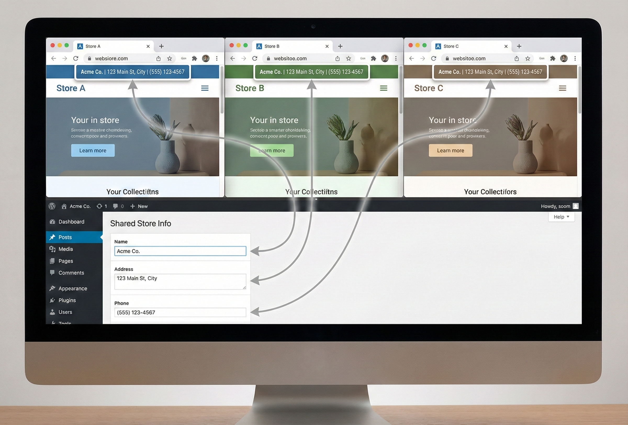 共通コンポーネントから複数店舗ページへNAP情報を同期表示している構造イメージ