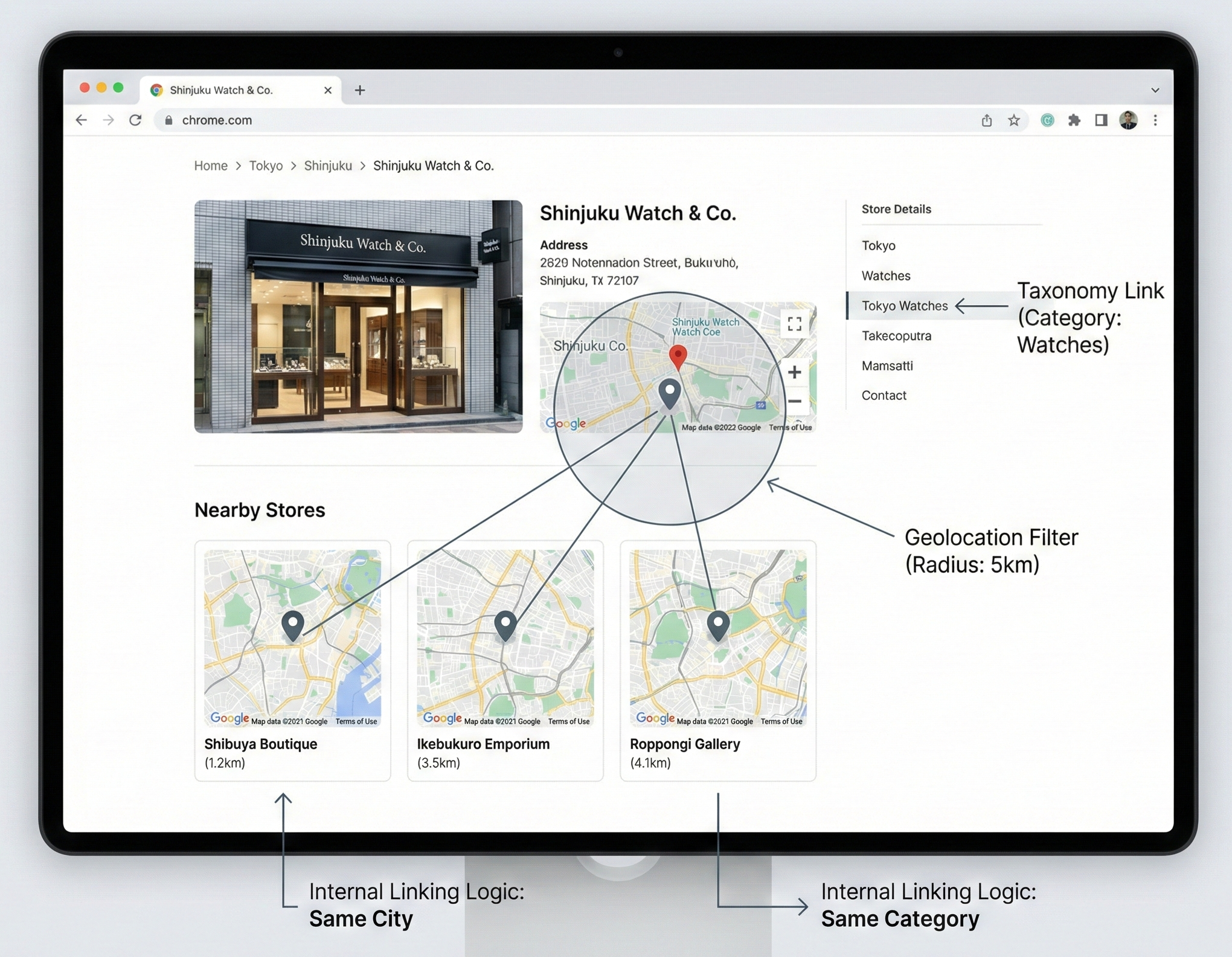 緯度経度とタクソノミ情報を基に自動生成された内部リンク構造の店舗ページイメージ