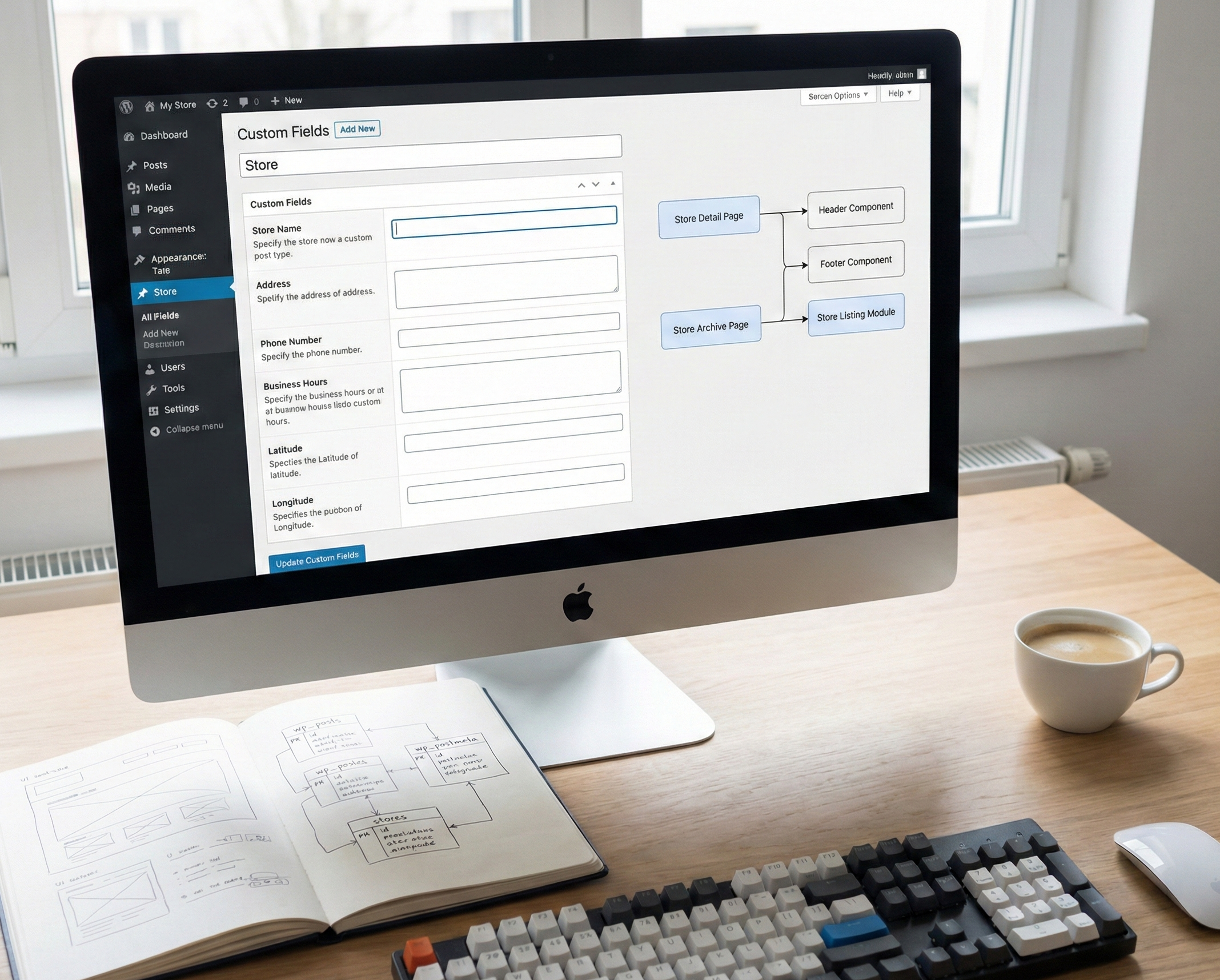 WordPress管理画面で店舗CPTと共通コンポーネント設計を可視化した多拠点サイト構造イメージ