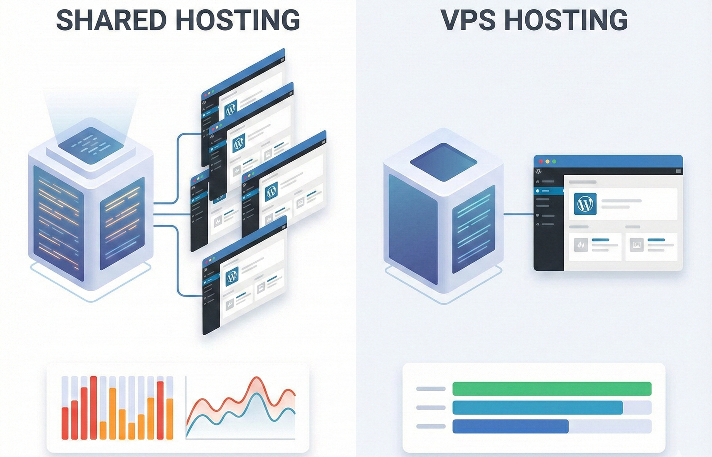 共有サーバーとVPSのリソース分離構造を示すWordPress管理画面イメージ