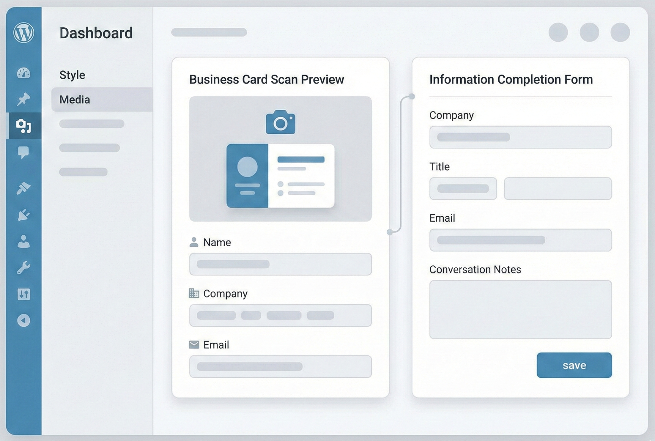 名刺OCR入力と手動補完を示すWordPress管理画面風UI