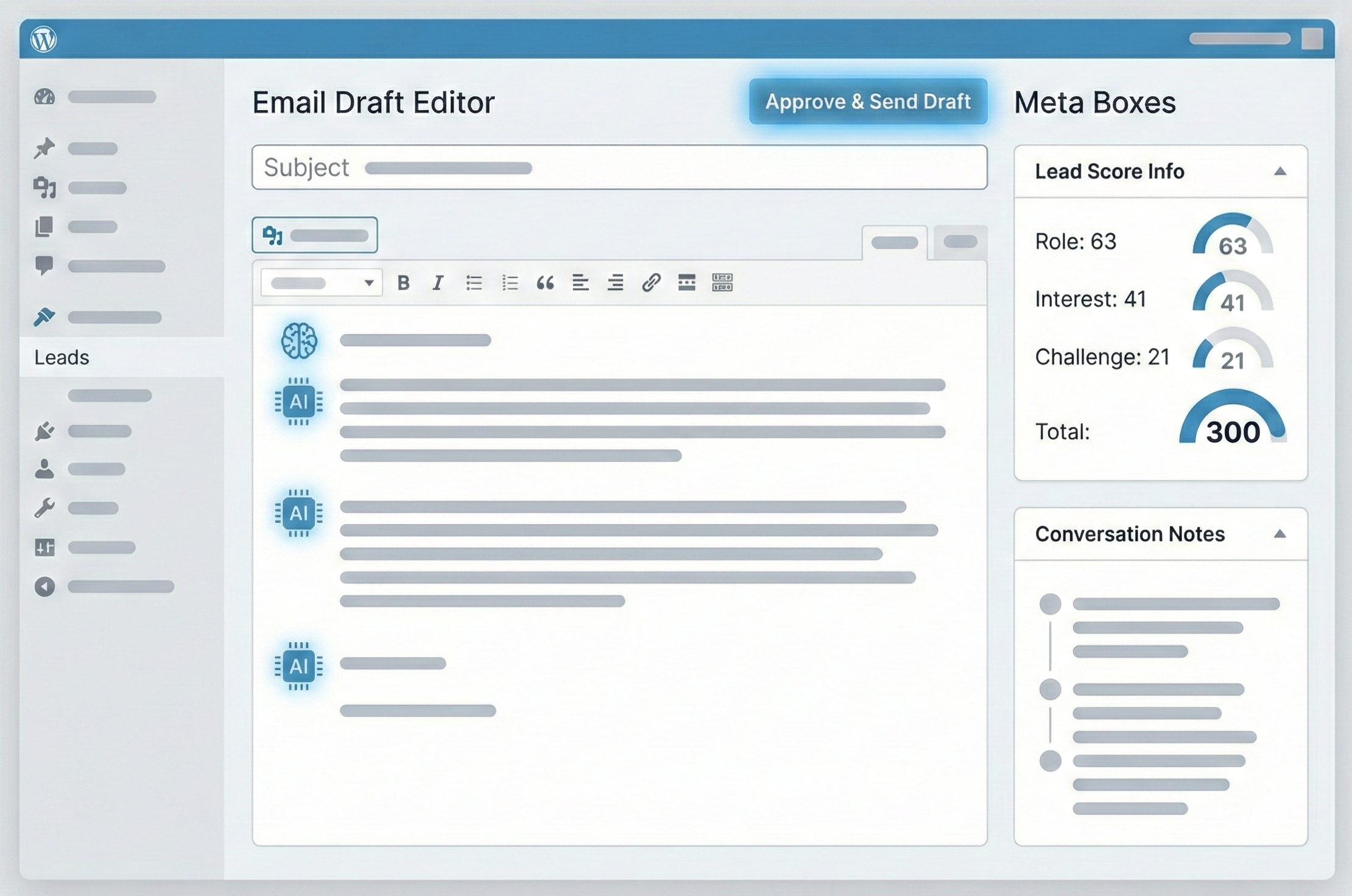AIがメール下書きを生成するWordPressエディタ風画面