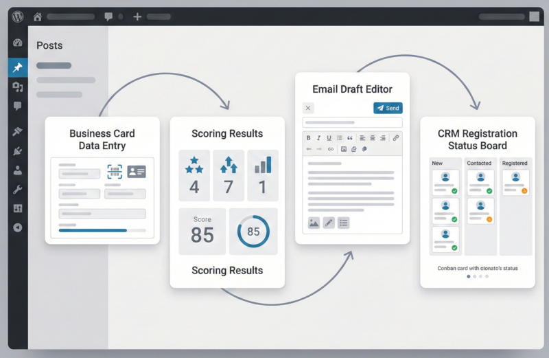 WordPress管理画面風のCRM管理ボード。 リードカードが「未対応」「アプローチ中」「商談化」などのカラムに分かれている。 カンバン形式。 スコア表示アイコン付き。 シンプルでややディフォルメされたUI。 文字は読める内容にしない（UI表現のみ）。 4:3横長。 業務管理感、整理された雰囲気。