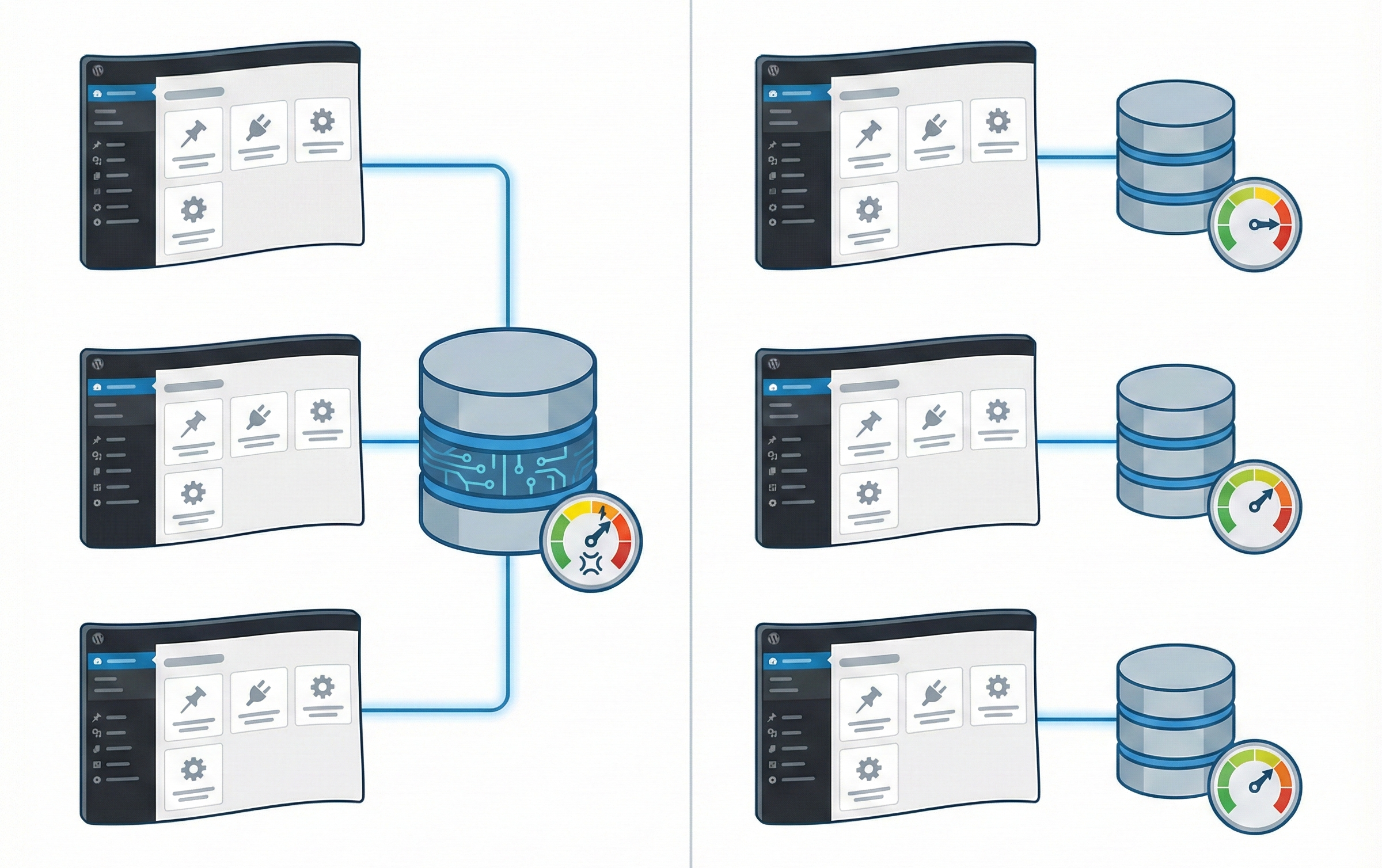 単一データベース共有と分離構成の比較イメージ(WordPress構造)