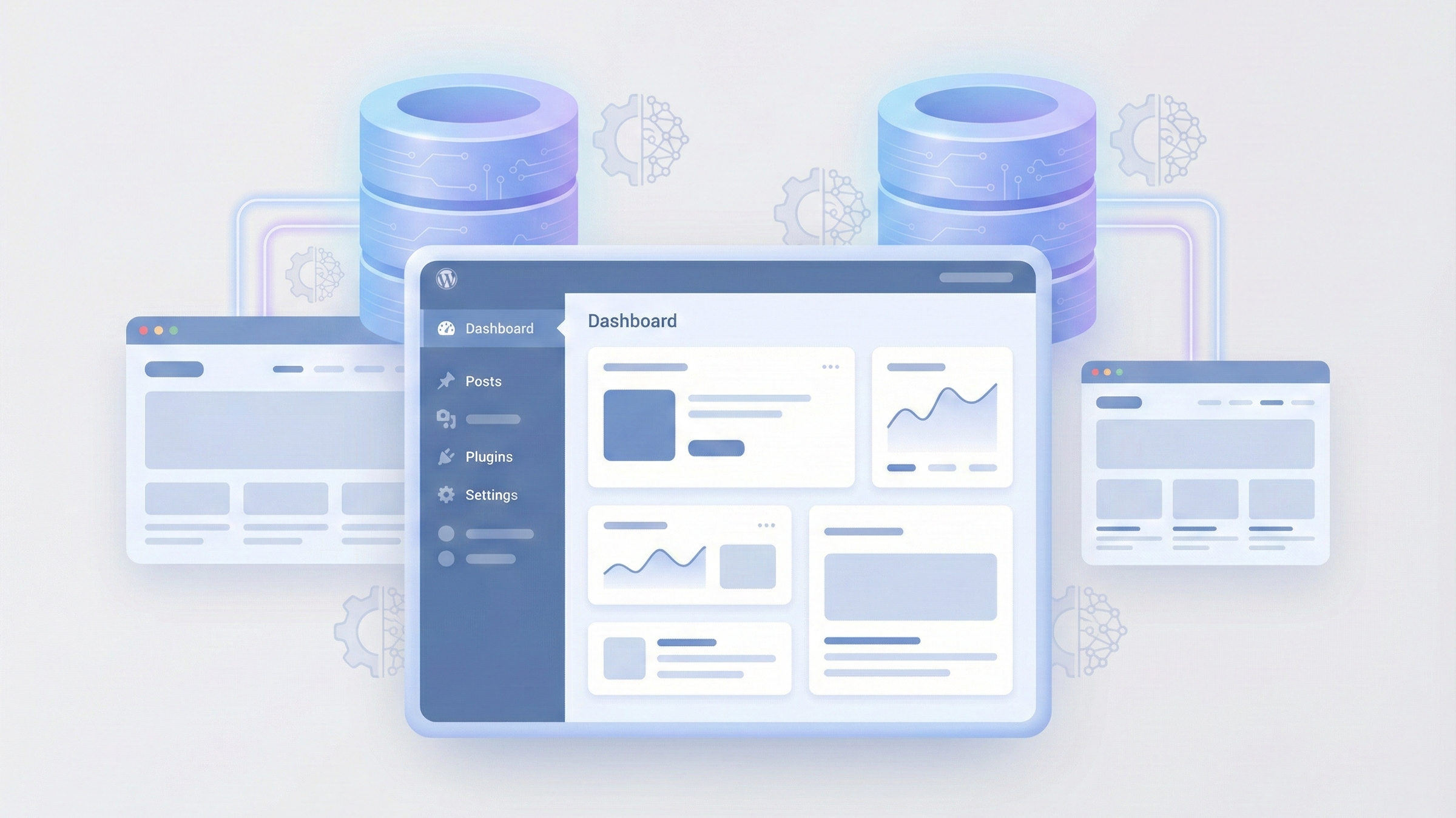 WordPress管理画面と分離されたデータベース構造を示すイメージ（1サイト1DB設計）