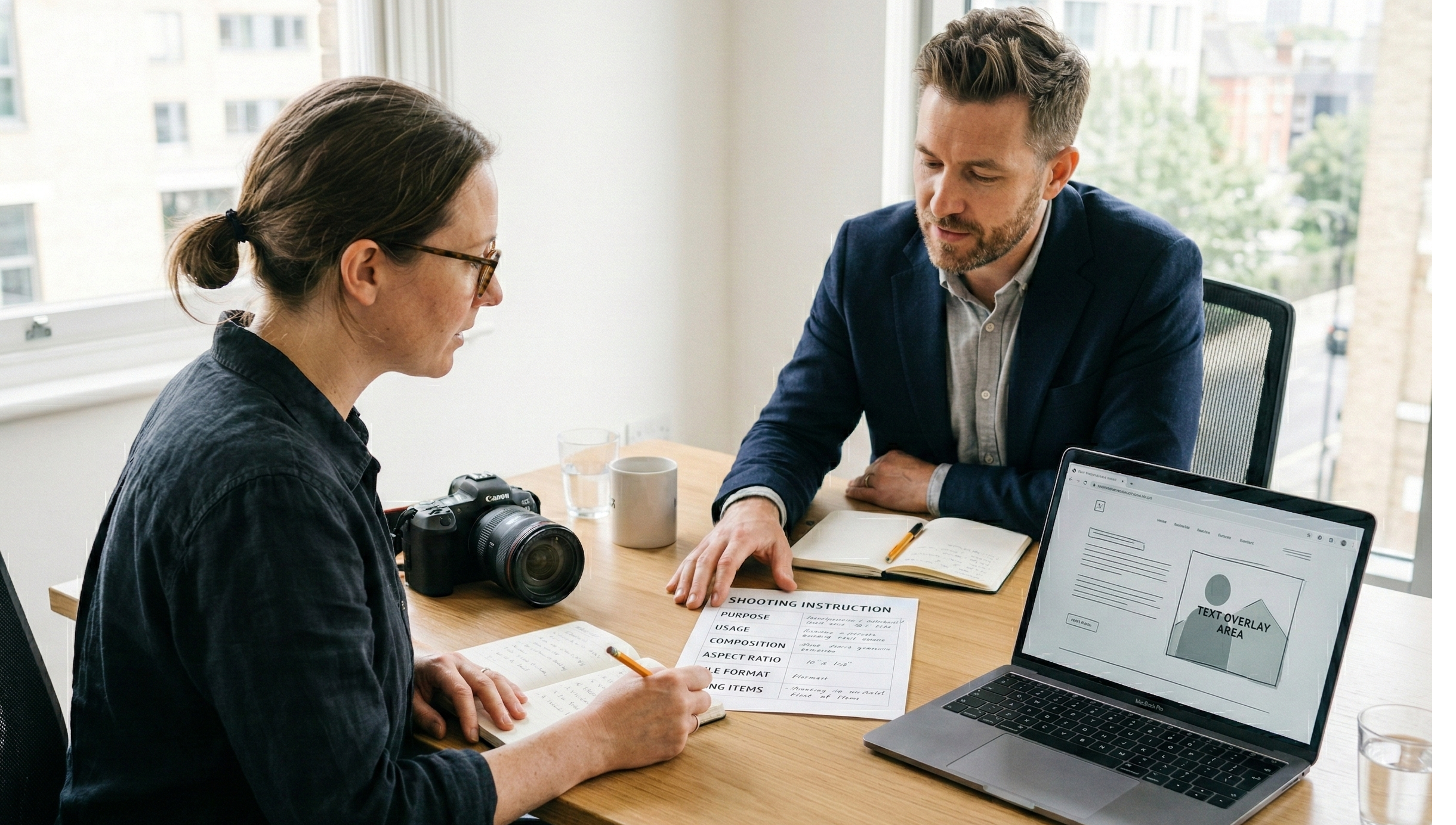Web掲載用途を前提に撮影指示書を確認しているディレクターとフォトグラファー