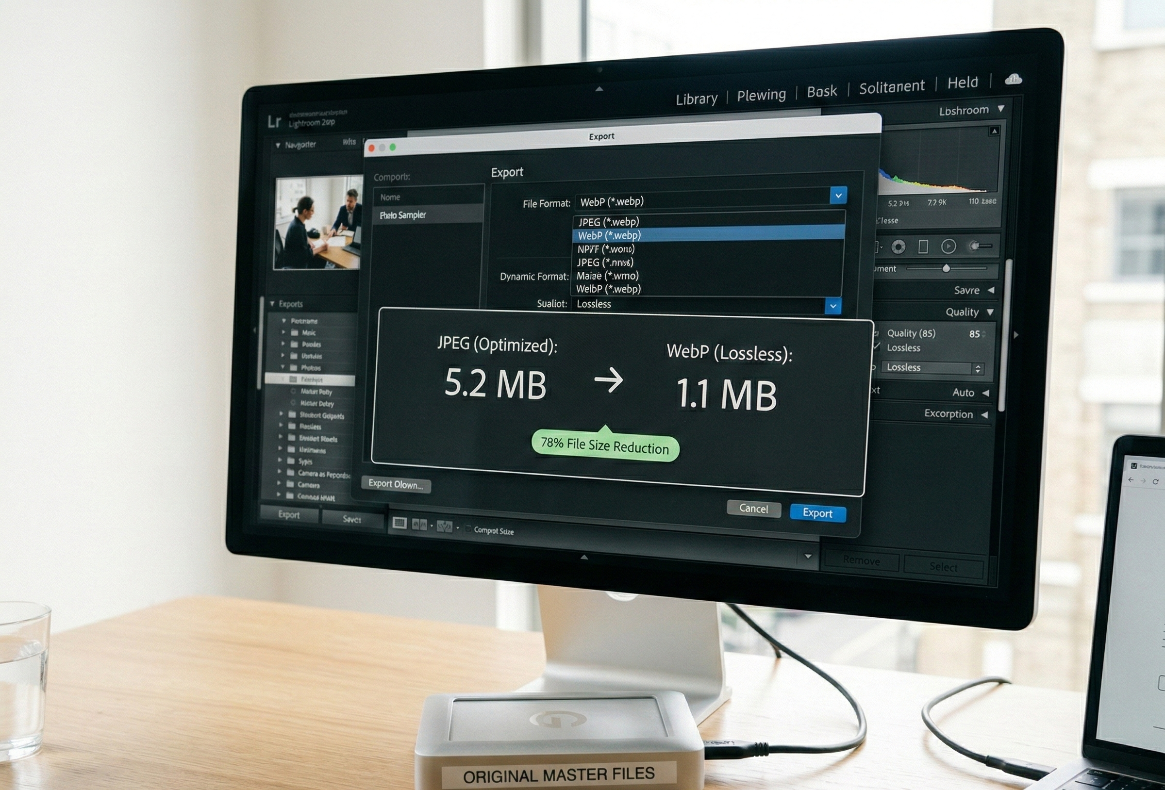 JPEGとWebPのファイルサイズを比較しながら画像を書き出している編集画面