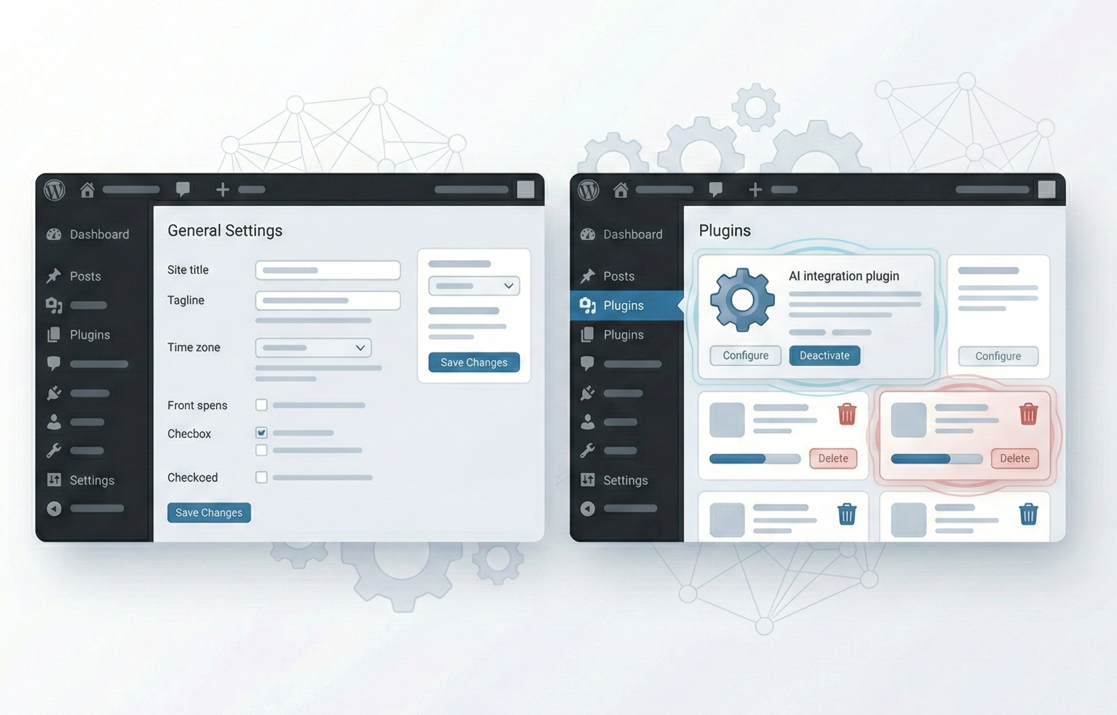 WordPress一般設定画面と不要プラグイン削除のイメージ