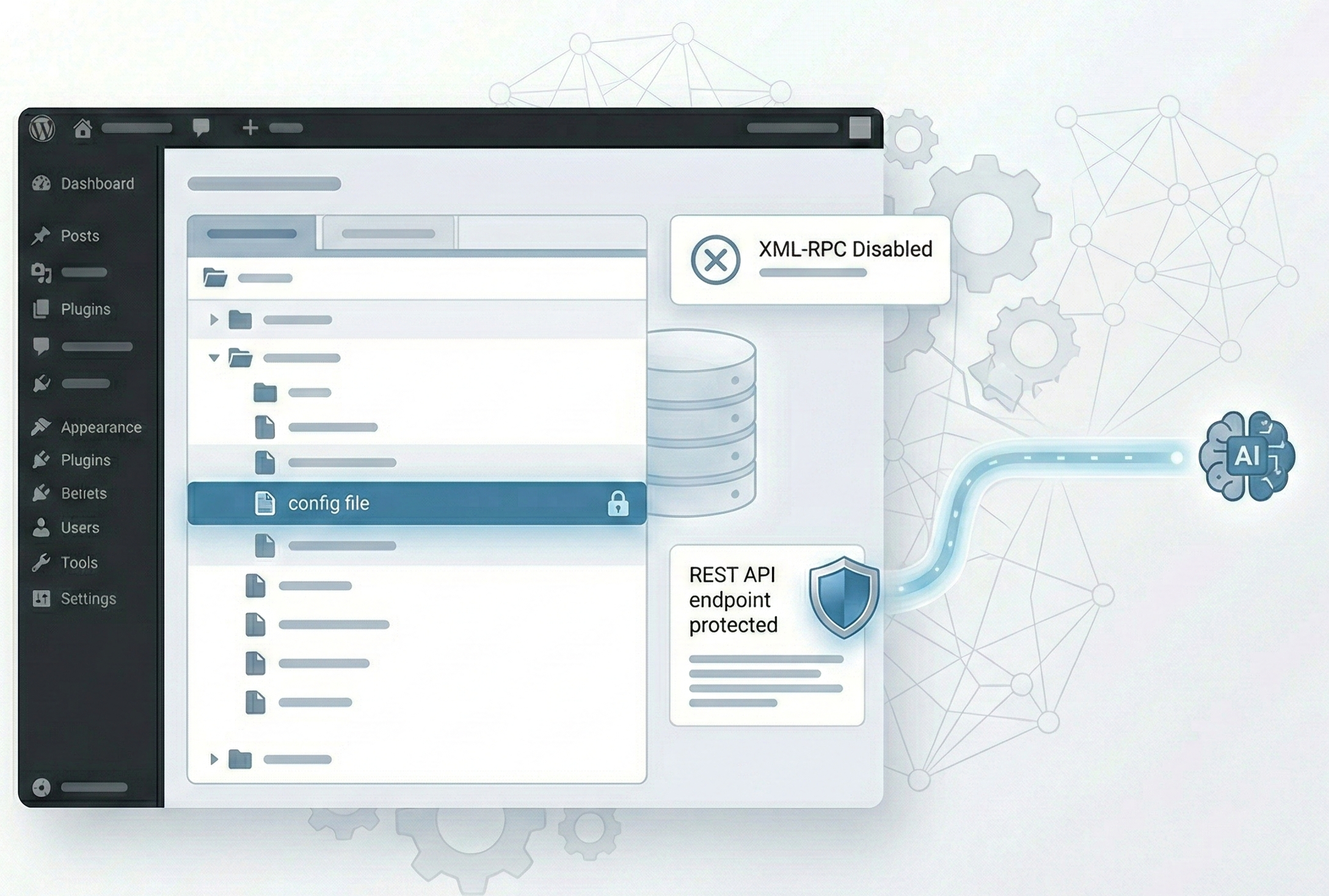 wp-config保護とREST API制御を示すWordPressセキュリティイメージ