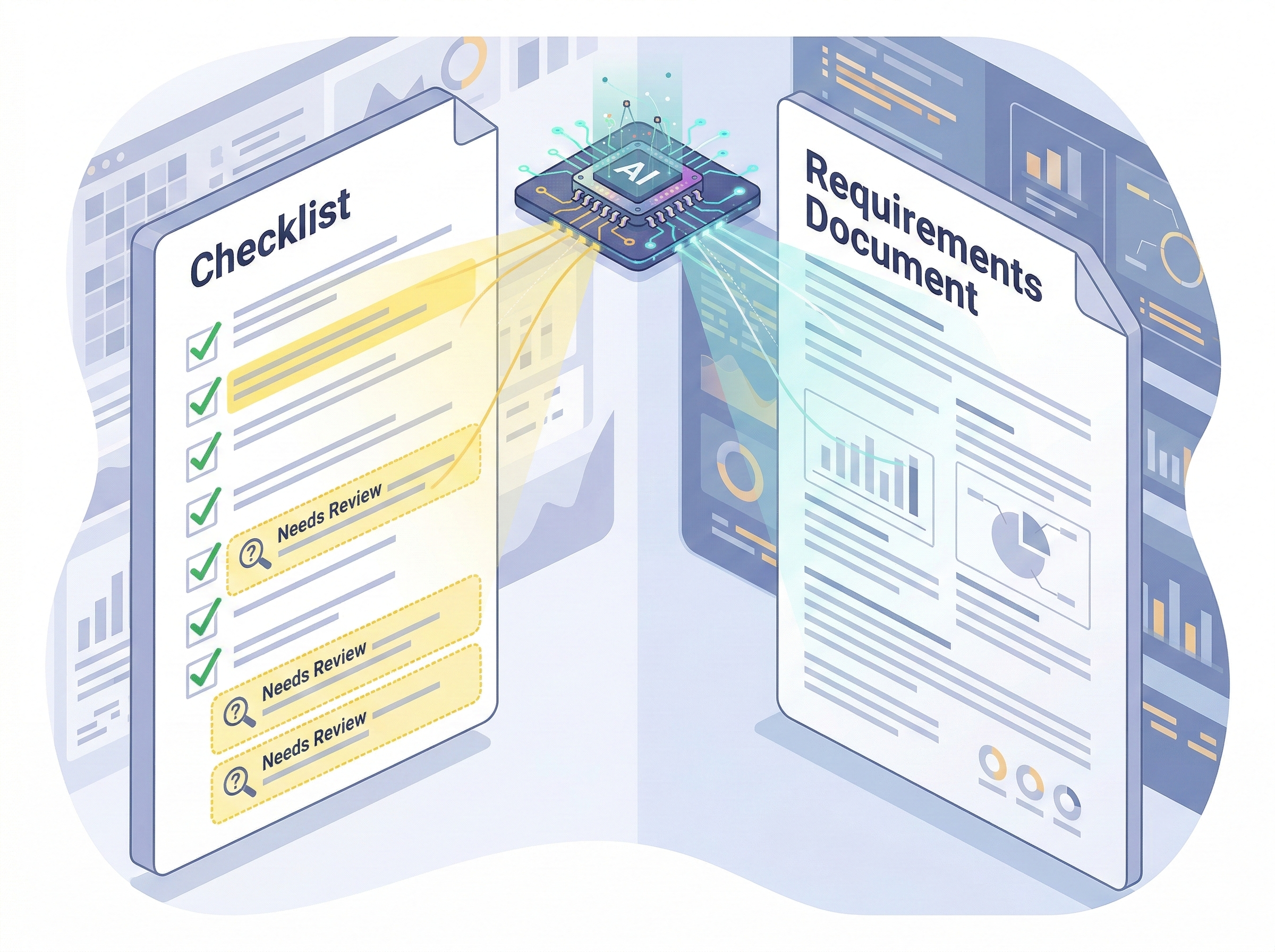 チェックリストと要件書をAIが照合して不足項目を抽出する図