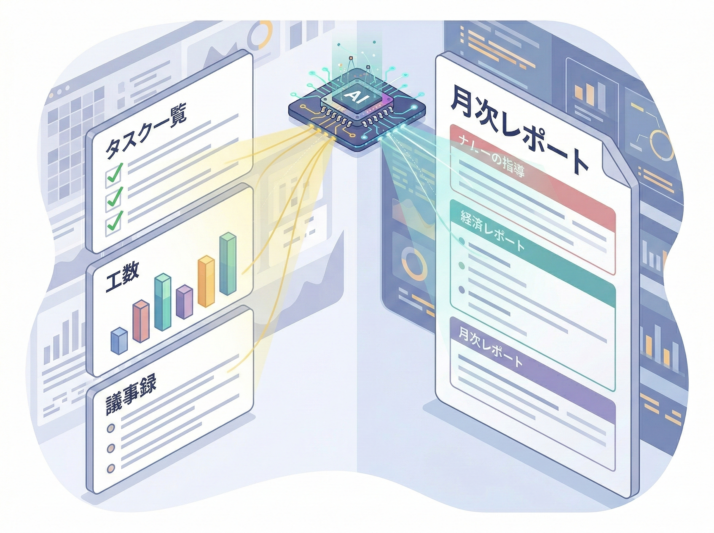 タスク・工数・議事録を材料にAIが月次レポの下書きを組み立てるイメージ
