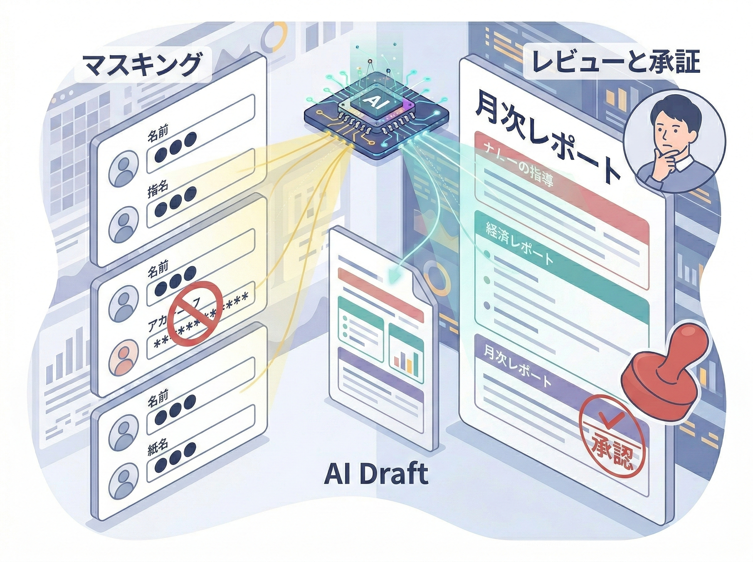 匿名化とレビュー承認でAI出力を安全に運用するガードレールの図