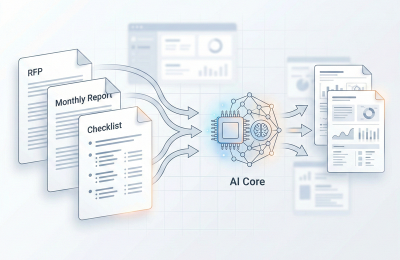 士業・ITの提案書と月次レポをAIで下書き自動化する概念図