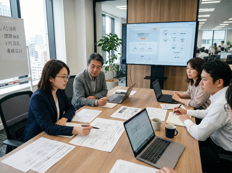 AI自動化サービスのLP構成を検討するBtoB担当者たちの打ち合わせ風景