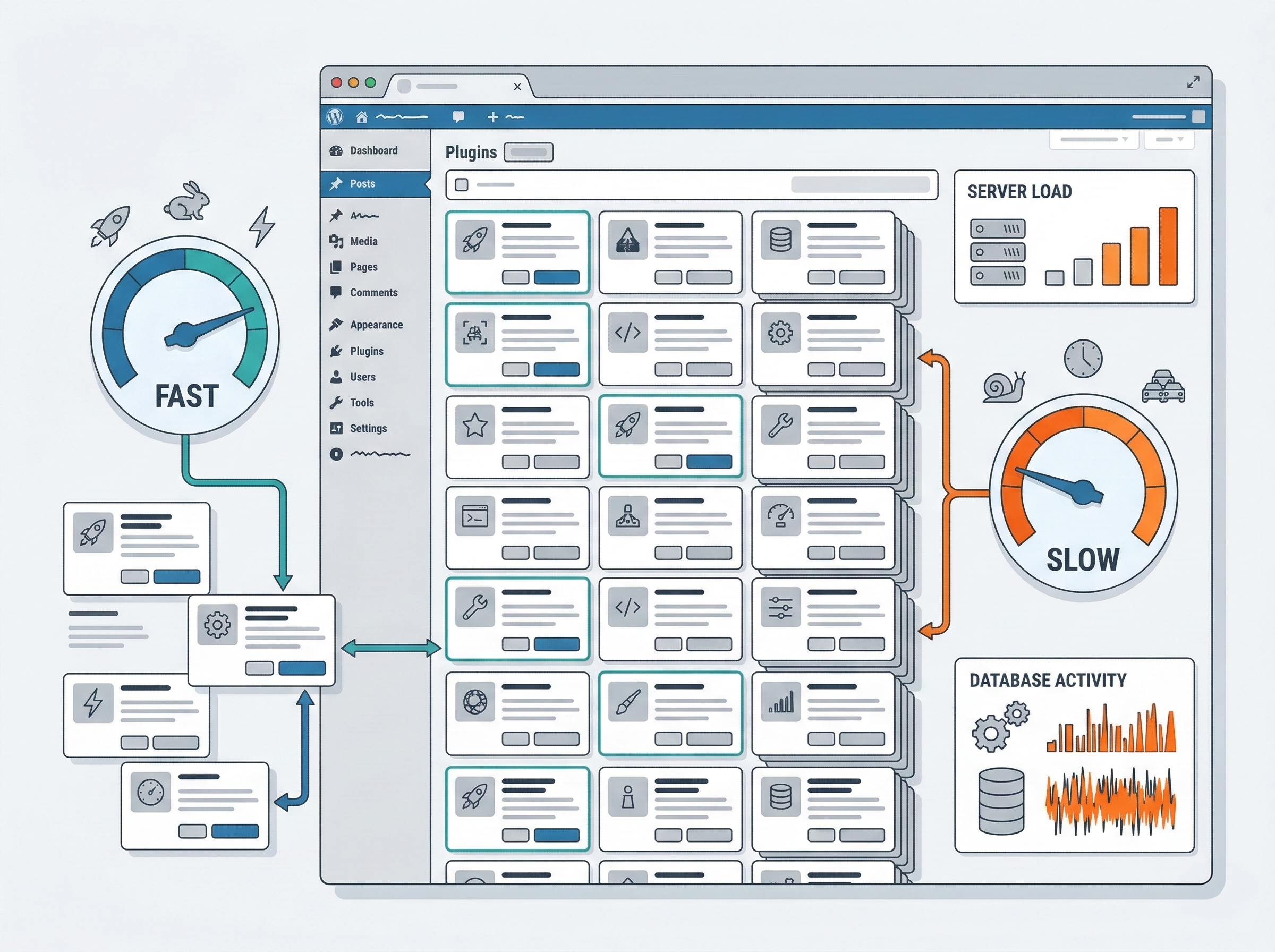 WordPressプラグイン増加によるサイト負荷のイメージ