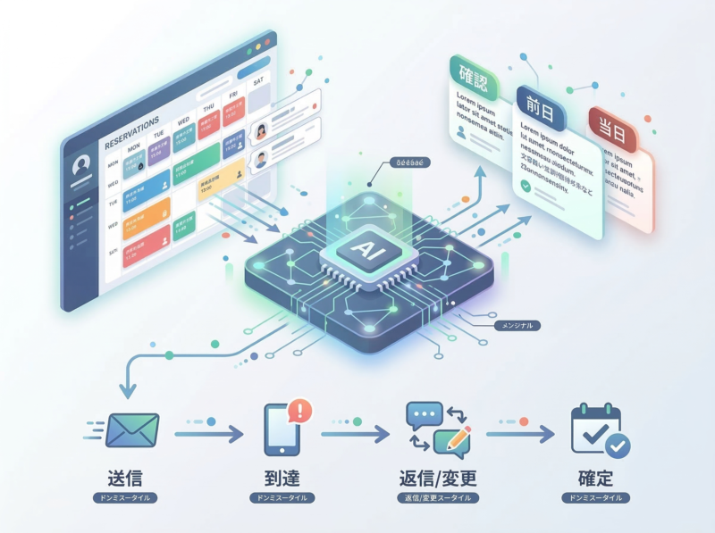 予約データを基にAIが確認連絡と前日リマインドを自動送信し対応を整理する全体像