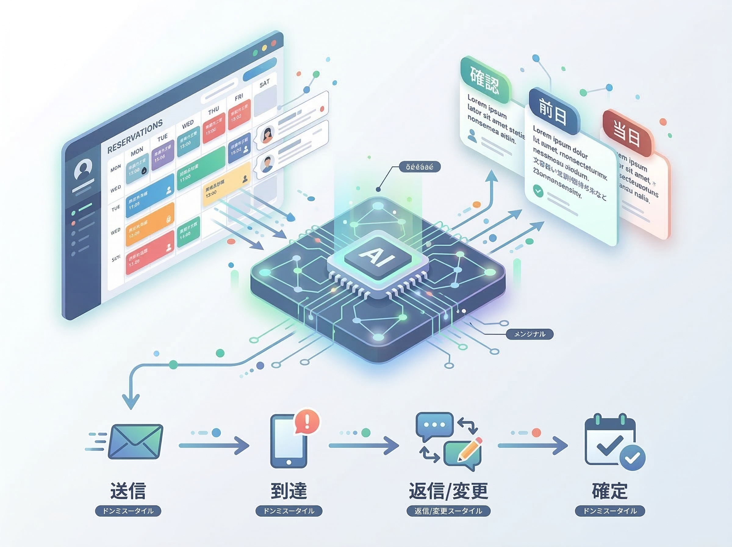 予約データを基にAIが確認連絡と前日リマインドを自動送信し対応を整理する全体像