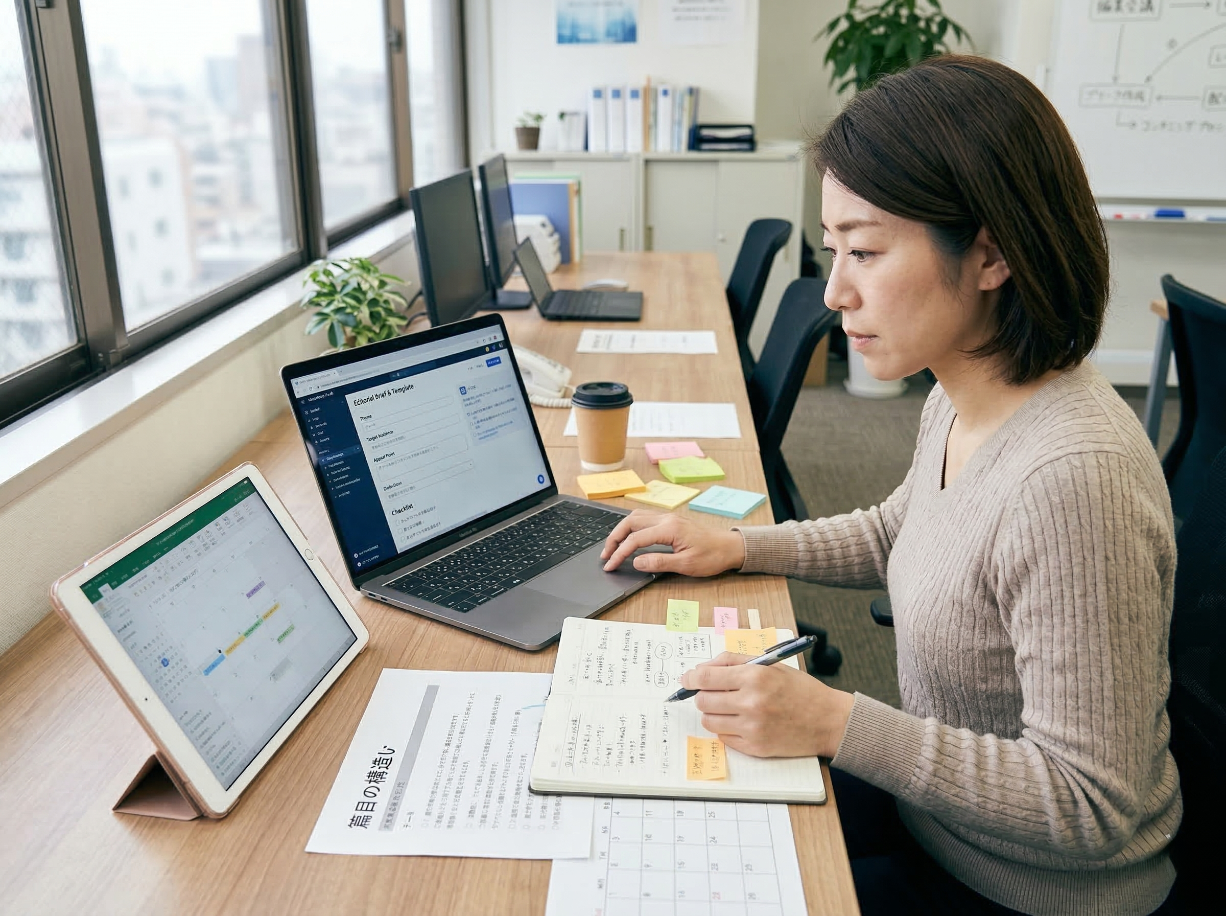 編集会議の内容を整理しながらブリーフと制作テンプレートを作る様子