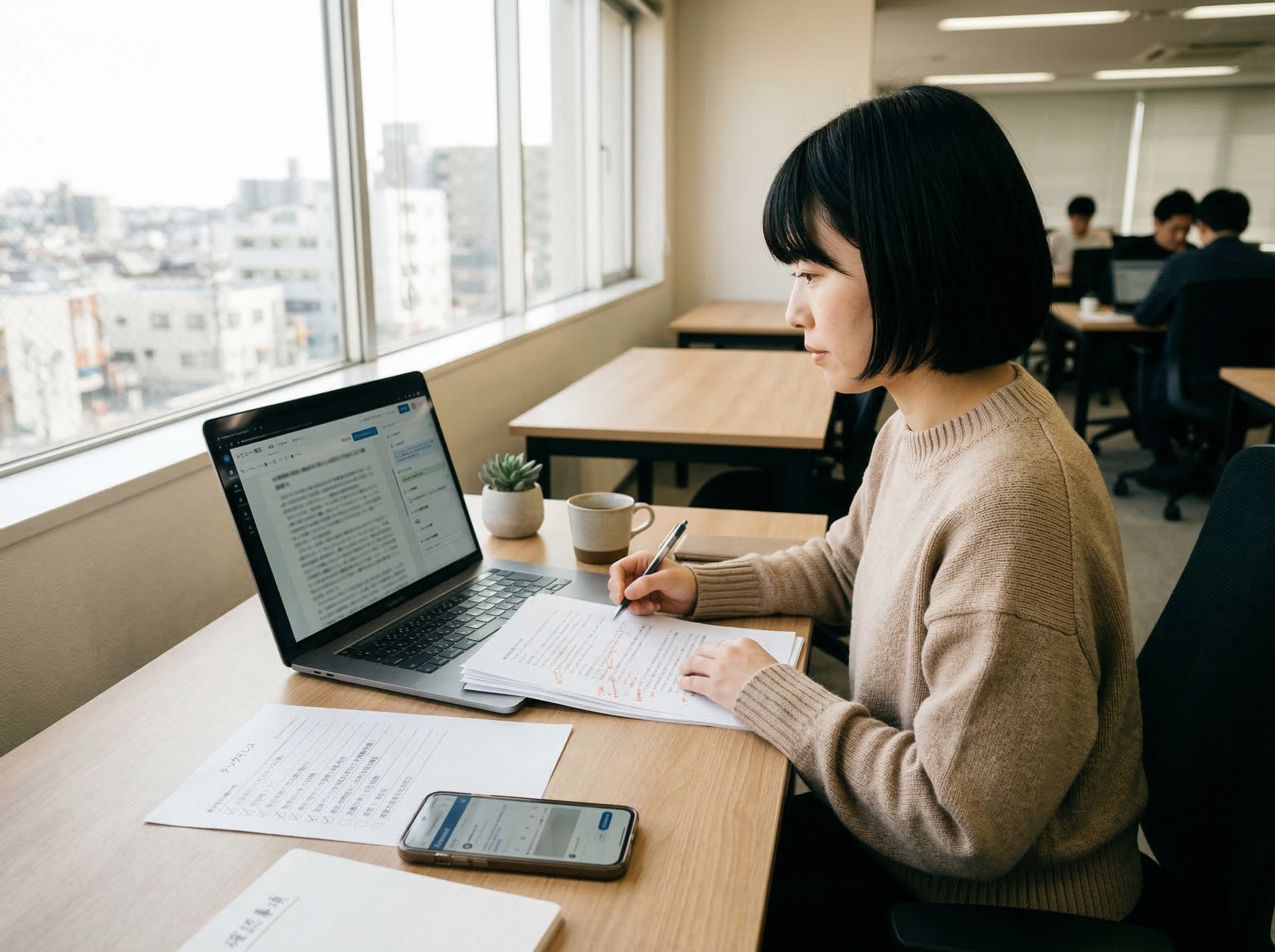 原稿と配信内容を確認しながら公開前レビューを行う担当者