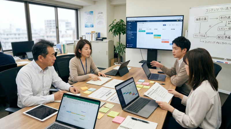 編集会議でコンテンツ運用の流れを整理する社内チームの打ち合わせ風景