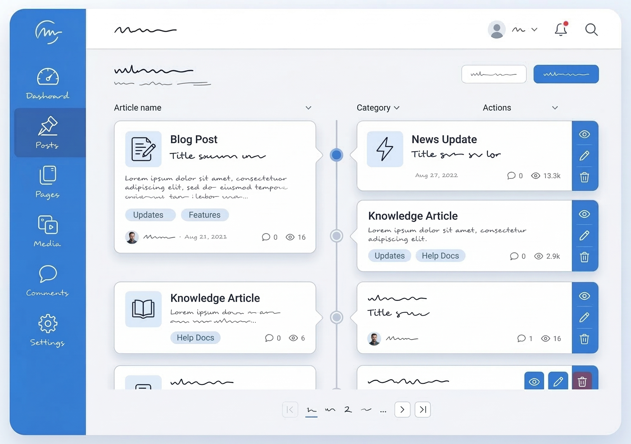 ブログ記事やお知らせ投稿が増えていくWordPress投稿管理画面のイメージ