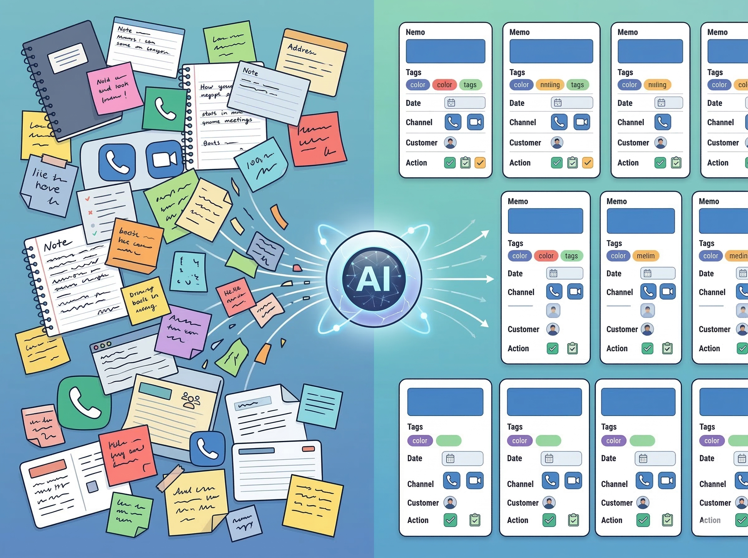 ばらばらな顧客対応メモをAIで共通フォーマットに整えるイメージ