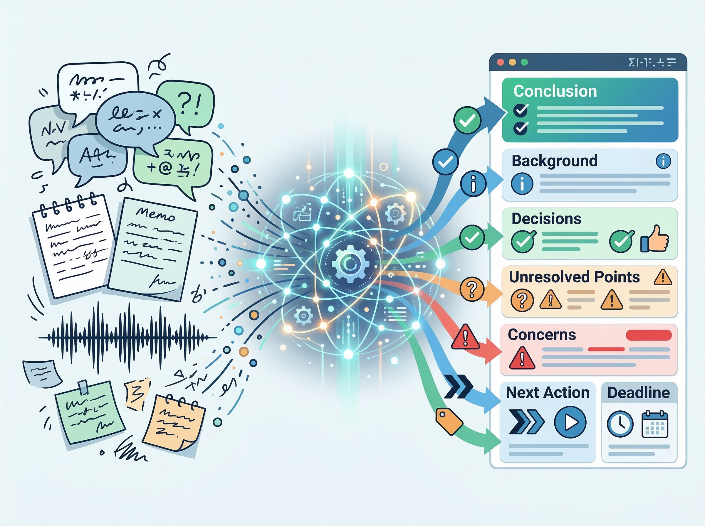 AIが会話メモから結論や決定事項や次アクションを抽出するイメージ